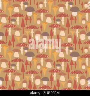 Fond sans fin de champignons.Motif décoratif sans couture sur fond jaune. Illustration de Vecteur