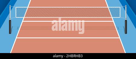 Terrain de volley-ball avec filet, parquet et lignes de marquage.Terrain de volley-ball vue sur le dessus.Terrain de sport pour les loisirs actifs.Vecteur Illustration de Vecteur