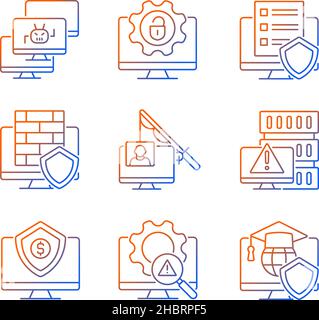 La cybercriminalité et son ensemble d'icônes de vecteur linéaire de gradient de prévention Illustration de Vecteur
