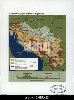 Géographie militaire de l'ex-Yougoslavie.Carte hypsométrique montrant les plaines et les collines du Nord et les régions de montagnes. CA.1998 Banque D'Images