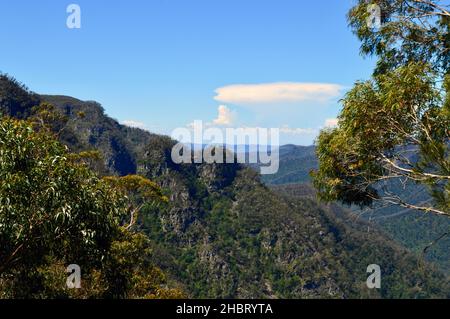 Vue sur la vallée depuis les murs de Kanangra près des grottes de Jenolan, Nouvelle-Galles du Sud Banque D'Images