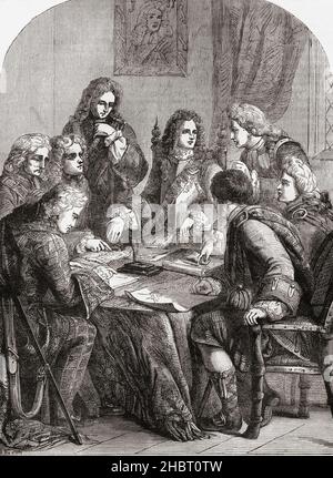 Le Chevalier de Saint-George et son conseil.James Francis Edward Stuart, 1688 – 1766, alias l'ancien prétender et Chevalier de Saint-George, fils du roi James II et VII d'Angleterre, prince de Galles et prétender Jacobite.De Cassell's Illustrated History of England, publié vers 1890. Banque D'Images