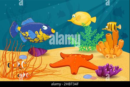 Scène sous-marine avec poissons tropicaux et corail Illustration de Vecteur