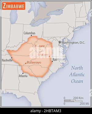 Carte du Zimbabwe.Comparaison des zones de deux pays.La zone du Zimbabwe avec les plus grandes villes (rouge) superposent la zone des États-Unis d'Amérique (fond gris) ca.17 février 2017 Banque D'Images