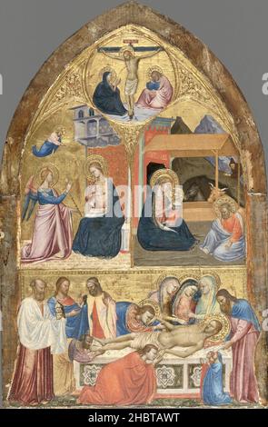 Annonciation, Nativité, Lamentation sur le Christ mort, Christ sur la croix entre la Vierge et S. John - 1375 Maestro della Misericordia Orcagnesca Banque D'Images