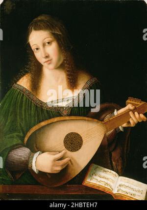 e bottega - Dame jouant un luth - 1530c.- huile sur bois 55,9 x 41,3 cm - Veneto Bartolomeo Banque D'Images