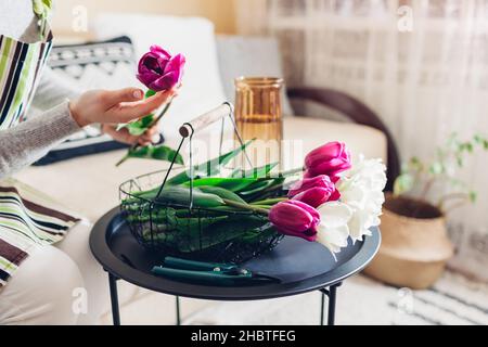 Femme faisant des tulipes arrangement de fleur sur la table à la maison.Fleurs de pourpre et de blanc fraîches récupérées dans le panier.Décoration intérieure et printanière Banque D'Images