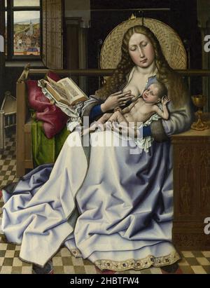 Disciple de - la Vierge et l'enfant devant un écran de Firescreen - 1440c.- tecnica mista su tavola a fondo oro 63 x 49 cm - Campin Robert Banque D'Images