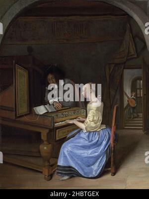 Une jeune femme jouant un clavecin à un jeune homme - 1659c.- huile sur bois di quercia 42,3 x 33 cm - Steen Jan Banque D'Images