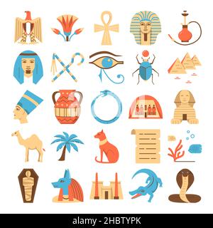 Les icônes de l'Égypte sont de style plat.Symboles traditionnels, dont pharaon, pyramides, sphinx et autres.Illustration vectorielle. Illustration de Vecteur