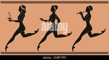 Figures représentatives de la céramique grecque classique.Trois filles courir et danser, jouer de la musique et porter un pot Illustration de Vecteur