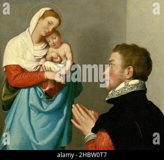 Un monsieur dans l'adoration devant la Madonna - 1560c.- huile sur toile 59,7 x 64,8 cm - Moroni Giovanni Battista Banque D'Images