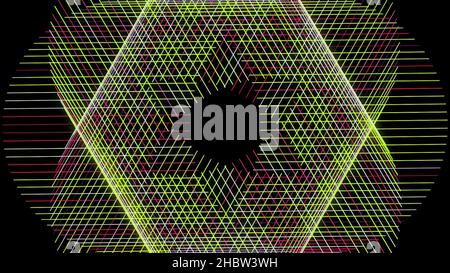 Motif de rotation kaléidoscopique coloré.Abstrait vert et rose lignes droites étroites croisant et formant 3D figure de rotation ressemblant à la fleur, se Banque D'Images
