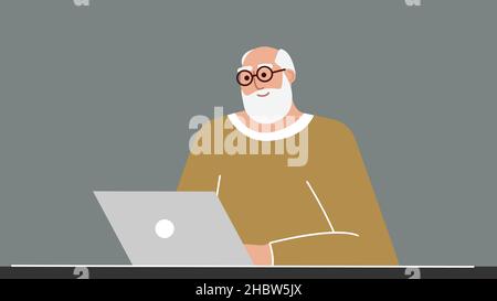 Un homme expérimenté étudie et enseigne les technologies modernes à l'aide d'un ordinateur portable.Un grand-père souriant est assis à un ordinateur, communique sur Internet Illustration de Vecteur