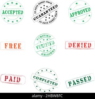 Jeu de tampons à vecteur de couleur accepté, garanti, approuvé, gratuit, vérifié,Refusé, payé, terminé, réussi. Illustration de Vecteur