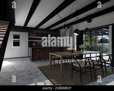 3D réalisation de cuisine et salle à manger dans intérieur artificiel avec table et comptoir avec tabourets de bar Banque D'Images