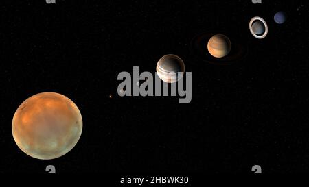 Un rendu 3D des planètes dans le système solaire sur fond noir Banque D'Images