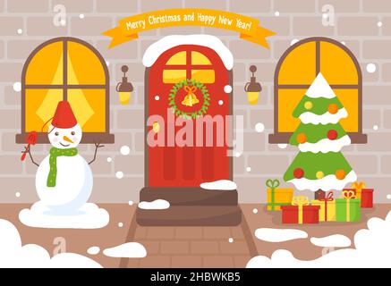 Bannière d'hiver Joyeux Noël et Bonne Année.Extérieur de la rue.Une maison avec des marches et des carreaux, un bonhomme de neige avec de la neige, un arbre, des cadeaux, une porte avec une couronne, une cloche, des fenêtres avec des rideaux, des lanternes.Vecteur Illustration de Vecteur
