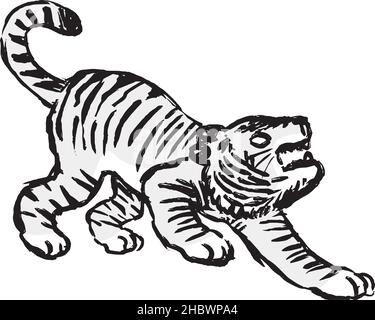 Voici une illustration du joli tigre dessiné avec une brosse japonaise Illustration de Vecteur