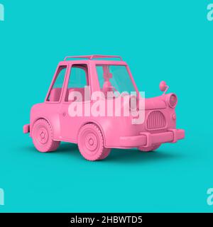 Voiture de dessin animé rose de style Duotone sur fond bleu.3D rendu Banque D'Images