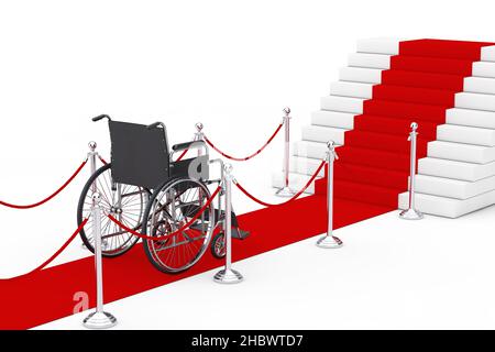 Concept de réussite.Fauteuil roulant vide sur un tapis rouge avec corde barrière devant le podium des escaliers sur fond blanc.3D rendu Banque D'Images