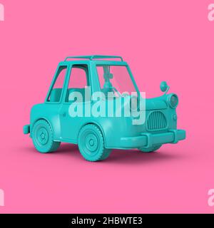 Voiture de dessin bleu style Duotone sur fond rose.3D rendu Banque D'Images