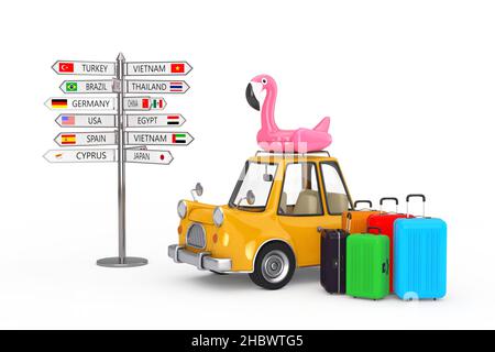 Concept de voyage en voiture.Valises, voiture de dessin animé avec Flamingo en caoutchouc et signalisation de direction avec différents pays noms et drapeaux sur un fond blanc.3 Banque D'Images