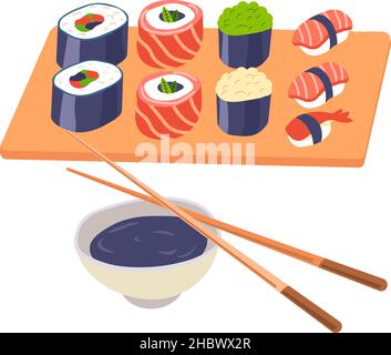 Plats japonais servis sur une assiette en bois, des sushis et des petits pains avec du wasabi, du poisson rouge et du riz, des algues nori et de l'avocat.Sauce soja pour tremper les aliments, plat avec Illustration de Vecteur