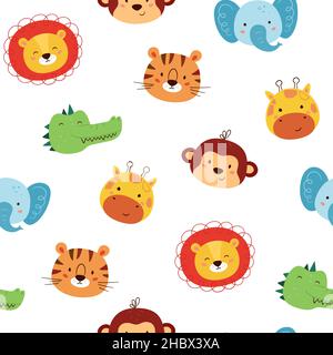 Motif sans coutures avec de jolis personnages animaux.Drôle de lion de kawaii, tigre, girafe, éléphant, singe et crocodile.Répétition enfants.Visages de Joker Illustration de Vecteur