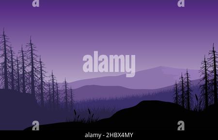 Une belle vue sur la montagne depuis le village avec la silhouette d'arbres secs autour.Illustration vectorielle Illustration de Vecteur
