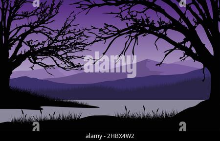 La belle vue sur les montagnes depuis la rive la nuit avec la silhouette fantastique d'arbres secs autour.Illustration vectorielle Illustration de Vecteur