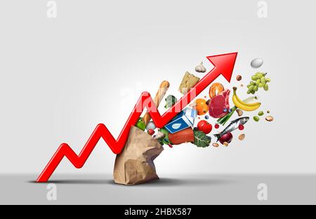 La hausse des prix des denrées alimentaires et des épiceries fait grimper les coûts des épiceries de supermarché comme un concept de crise financière d'inflation qui sort d'un sac en papier. Banque D'Images