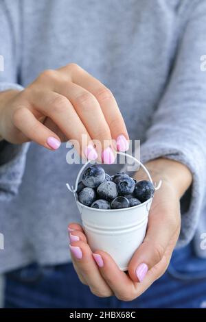 Femme tenant un seau en métal avec des bleuets congelés.Concept de récolte.Les mains des femmes collectent les baies.Concept de saine alimentation.Faire le plein Banque D'Images