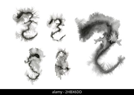 Silhouette de dragon asiatique sur fond blanc, illustration japonaise à l'encre noire naturelle, aquarelle de sumi, art abstrait Banque D'Images
