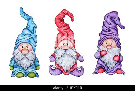 Jeu de gnomes aquarelles.Illustrations de personnages de conte de fées dans le style scandinave.Illustration des vêtements, des emballages, des cadeaux, des cartes Banque D'Images