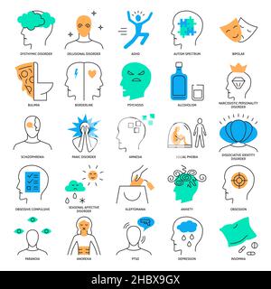 Icône troubles mentaux en ligne.Collection de symboles de maladies et de problèmes psychologiques.Illustration vectorielle. Illustration de Vecteur