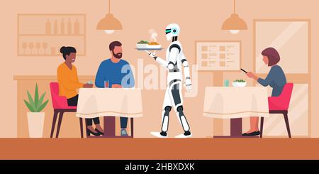 Robot ai servant de la nourriture dans le restaurant et clients heureux, concept de système de serveur robotique Illustration de Vecteur