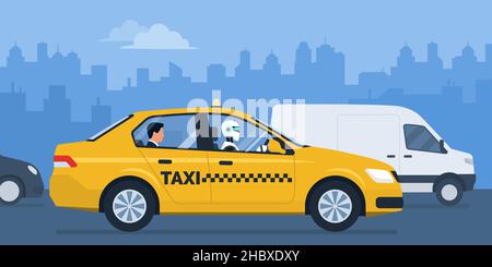 Ai robot conduisant un taxi dans la rue de la ville et passager assis dans le siège arrière de la voiture Illustration de Vecteur