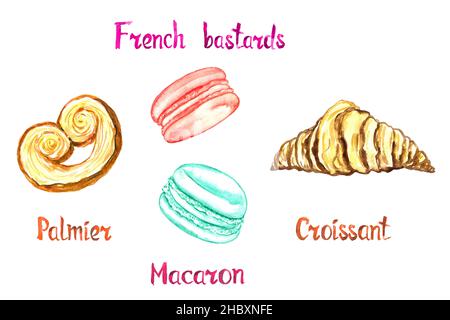 Ensemble de baumiers français, palmiers, Macaron, Croissant isolé sur une illustration aquarelle peinte à la main blanche avec inscription manuscrite Banque D'Images