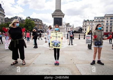 Animal rébellion enfant protstor et d'autres debout dans Trafalgar Square holding écriteau The Planet bleeds for Human cupidité Londres 2020 Banque D'Images