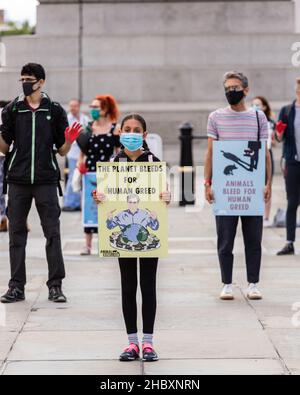 Animal rébellion enfant protstor debout dans trafalgar Square holding écriteau la planète s'écroule pour l'avidité humaine Londres 2020 Banque D'Images