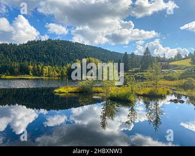 De beaux nuages se reflètent dans l'eau du lac de Lispach dans la Bresse, Vosges Banque D'Images