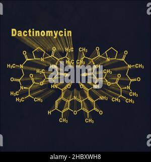 Médicament de chimiothérapie pour le cancer de la dactinomycine, formule chimique structurale or sur fond sombre Banque D'Images