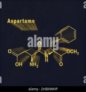 Édulcorant artificiel aspartame, formule chimique structurelle or sur fond sombre Banque D'Images