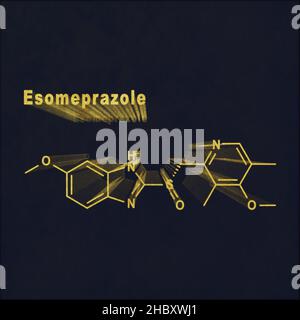 L'ésoméprazole réduit l'acide gastrique Formule chimique structurale or sur fond sombre Banque D'Images