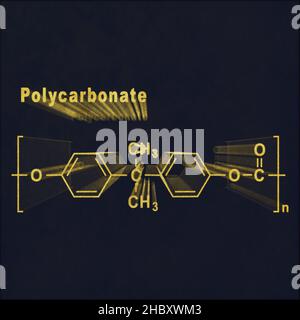 Polycarbonate PC Lexan, structure chimique formule or sur fond sombre Banque D'Images