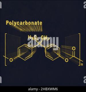 Polycarbonate PC, formule chimique structurelle or sur fond sombre Banque D'Images