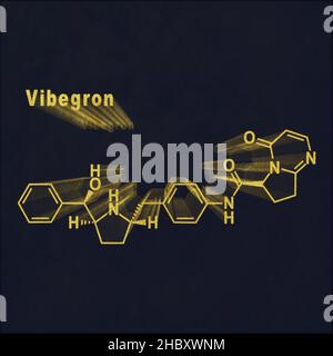 Médicament Vibegron, formule chimique structurelle or sur fond sombre Banque D'Images