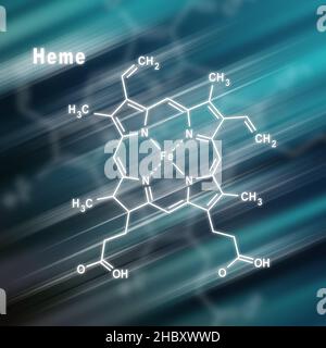Molécule hème Formule chimique structurelle fond futuriste Banque D'Images