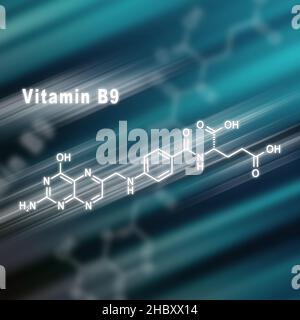 Vitamine B9, acide folique, formule chimique structurelle fond futuriste Banque D'Images